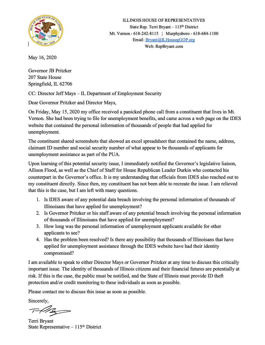 Rep Terri Bryant Letter To IDES and Governor